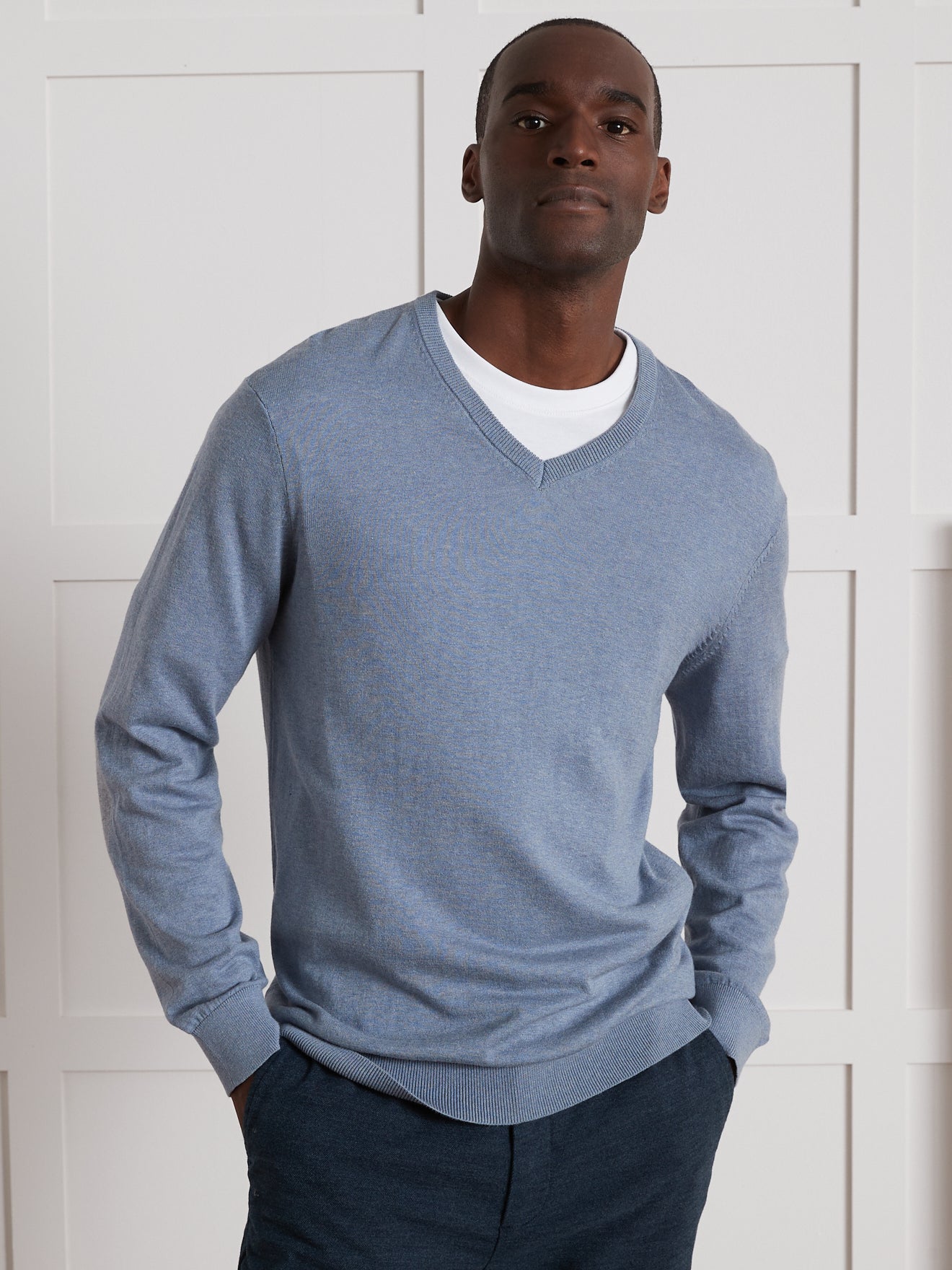 Pull col V homme coton soie et cachemire