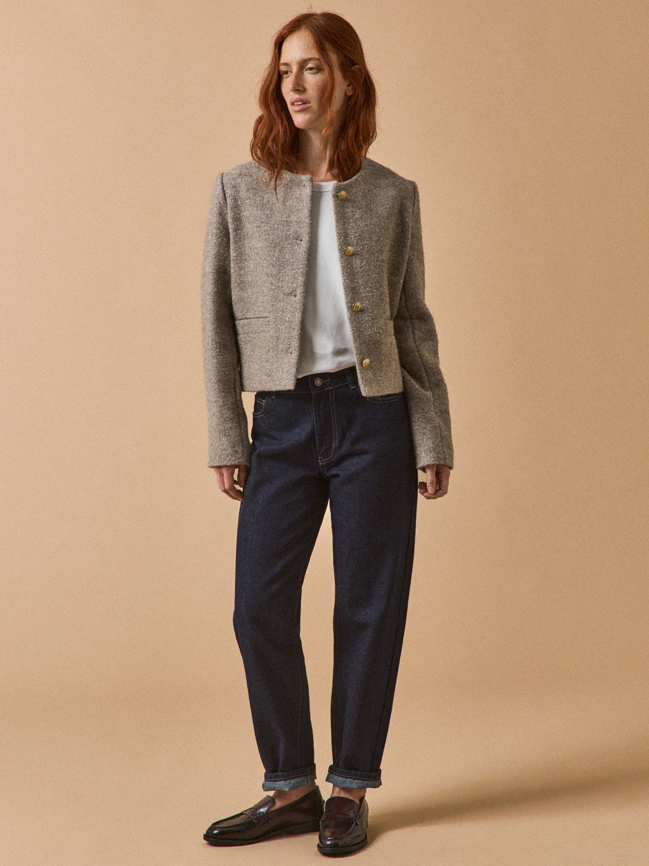 Veste sans col tweed irisé femme