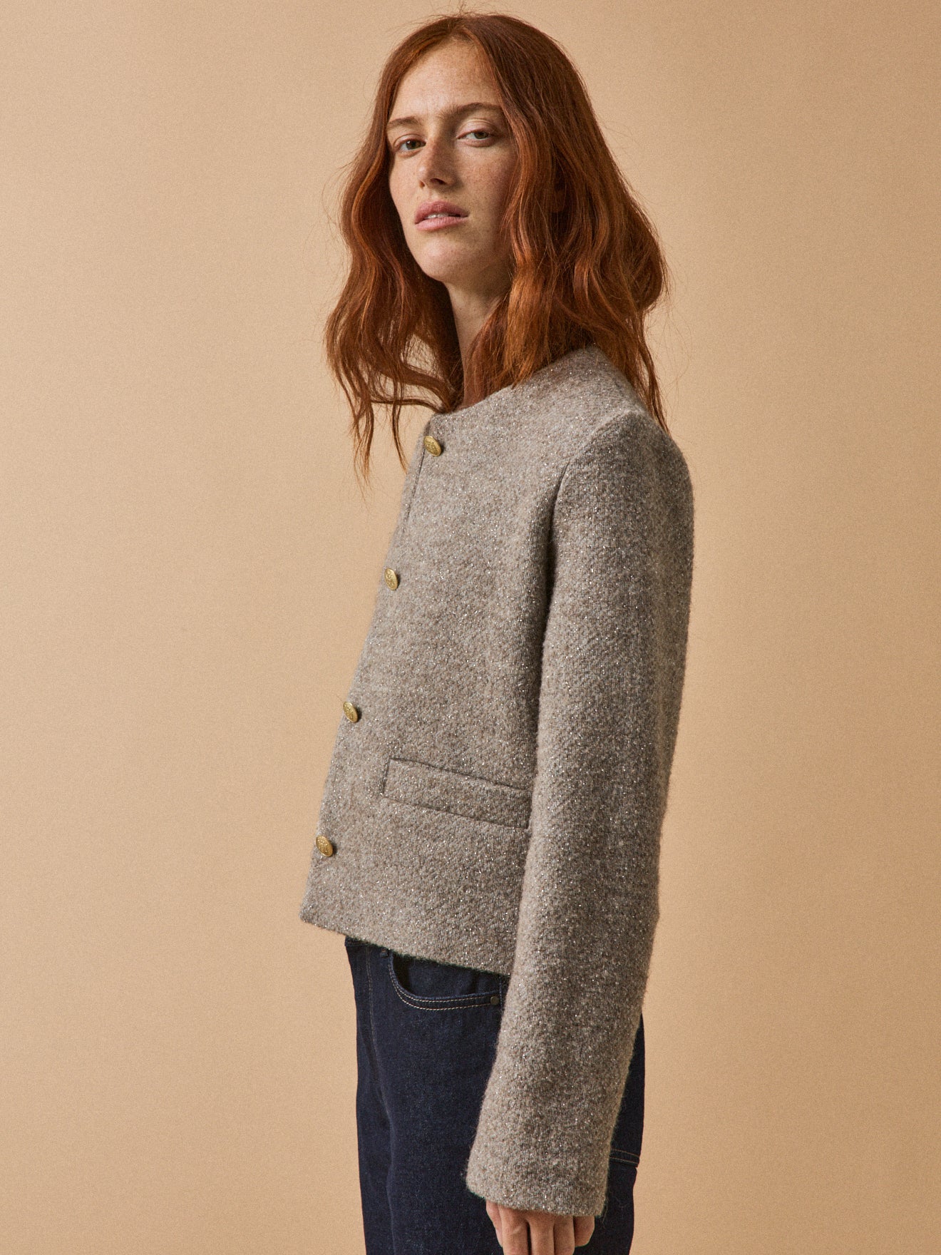 Veste sans col tweed irisé femme