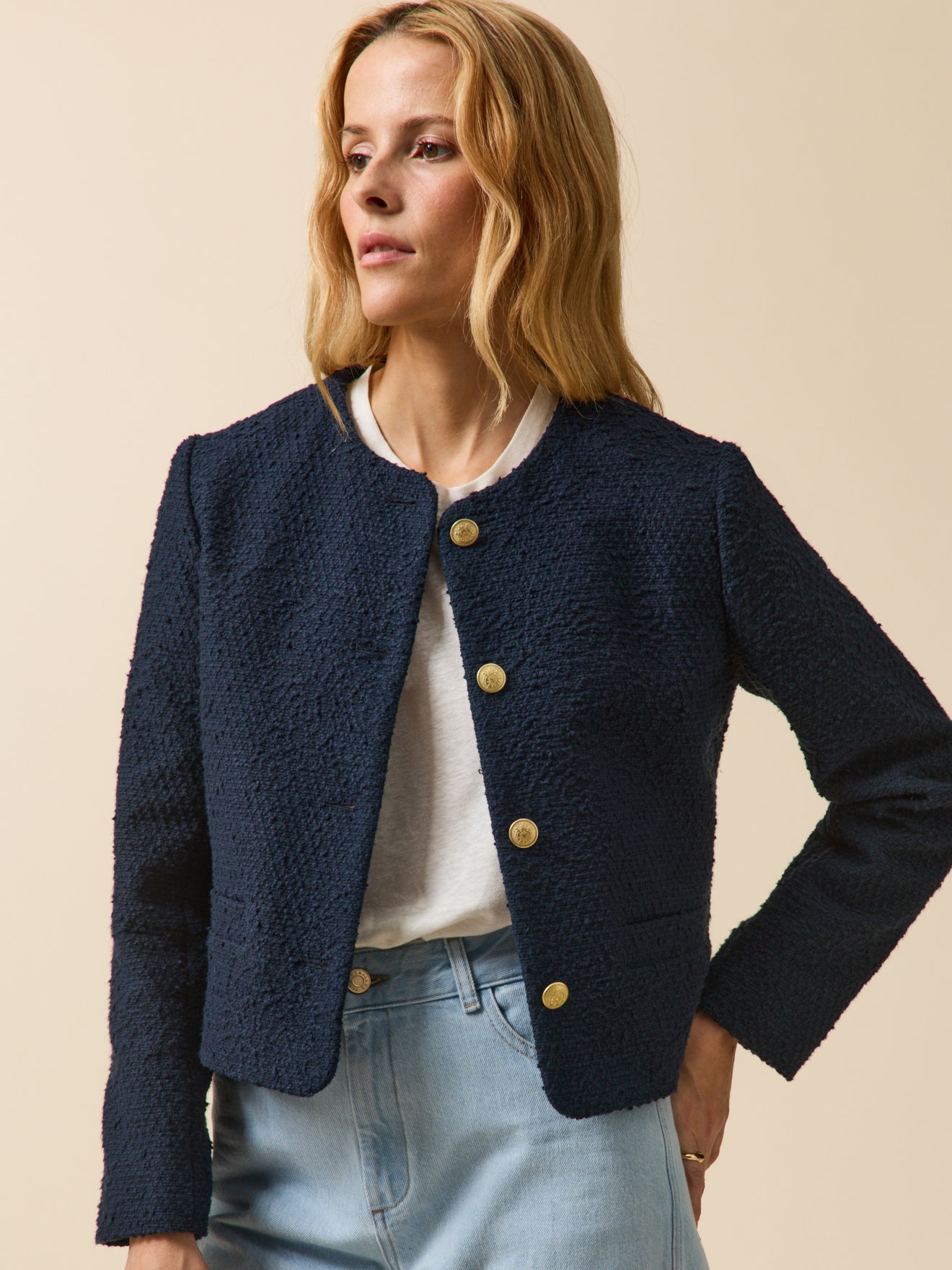 Veste sans col tweed uni femme