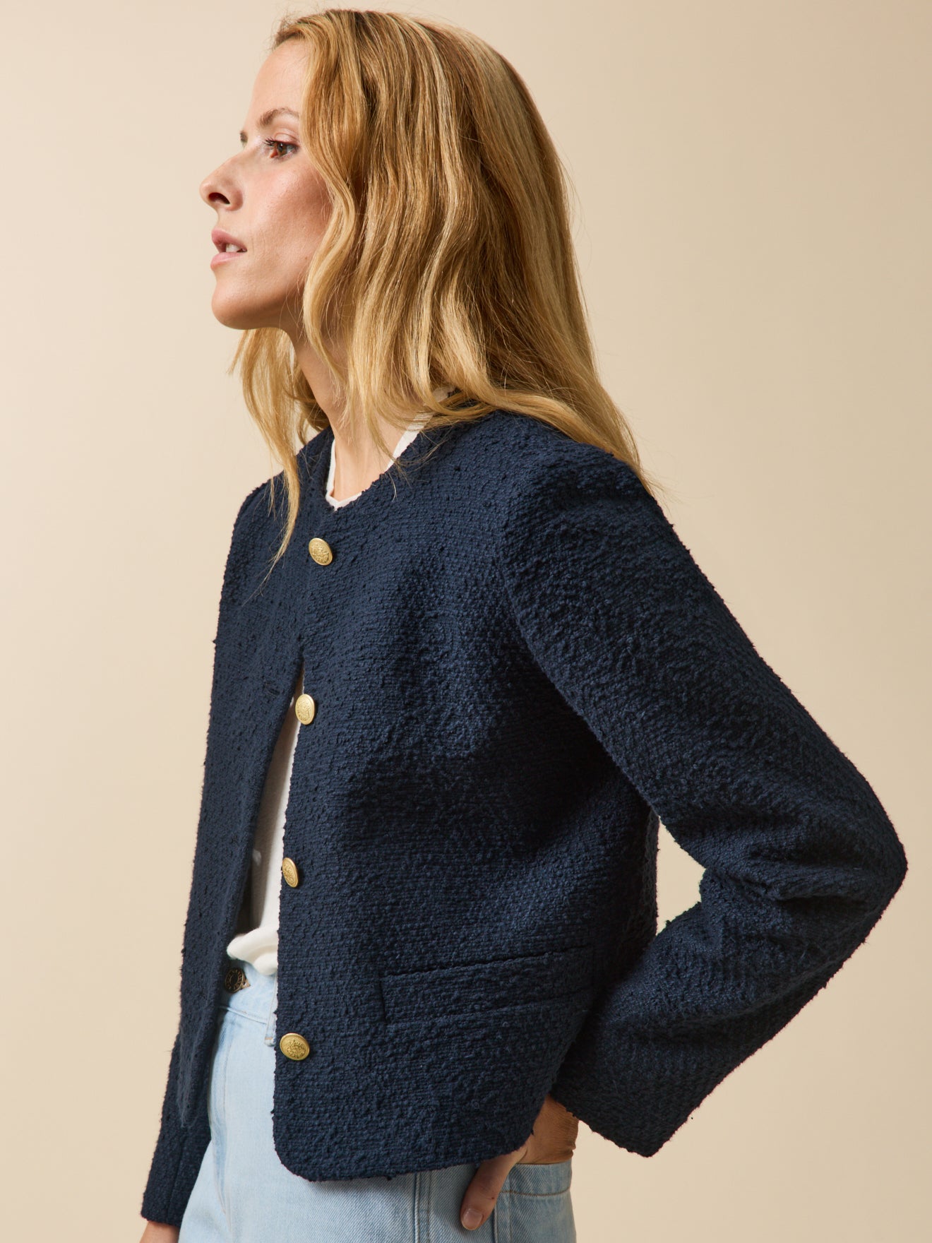 Veste sans col tweed uni femme