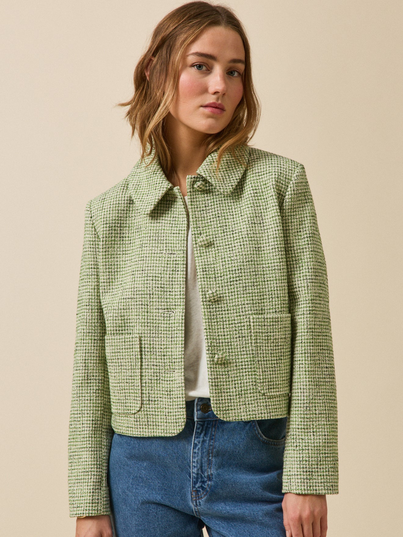 Veste boutonnée tweed carreaux femme