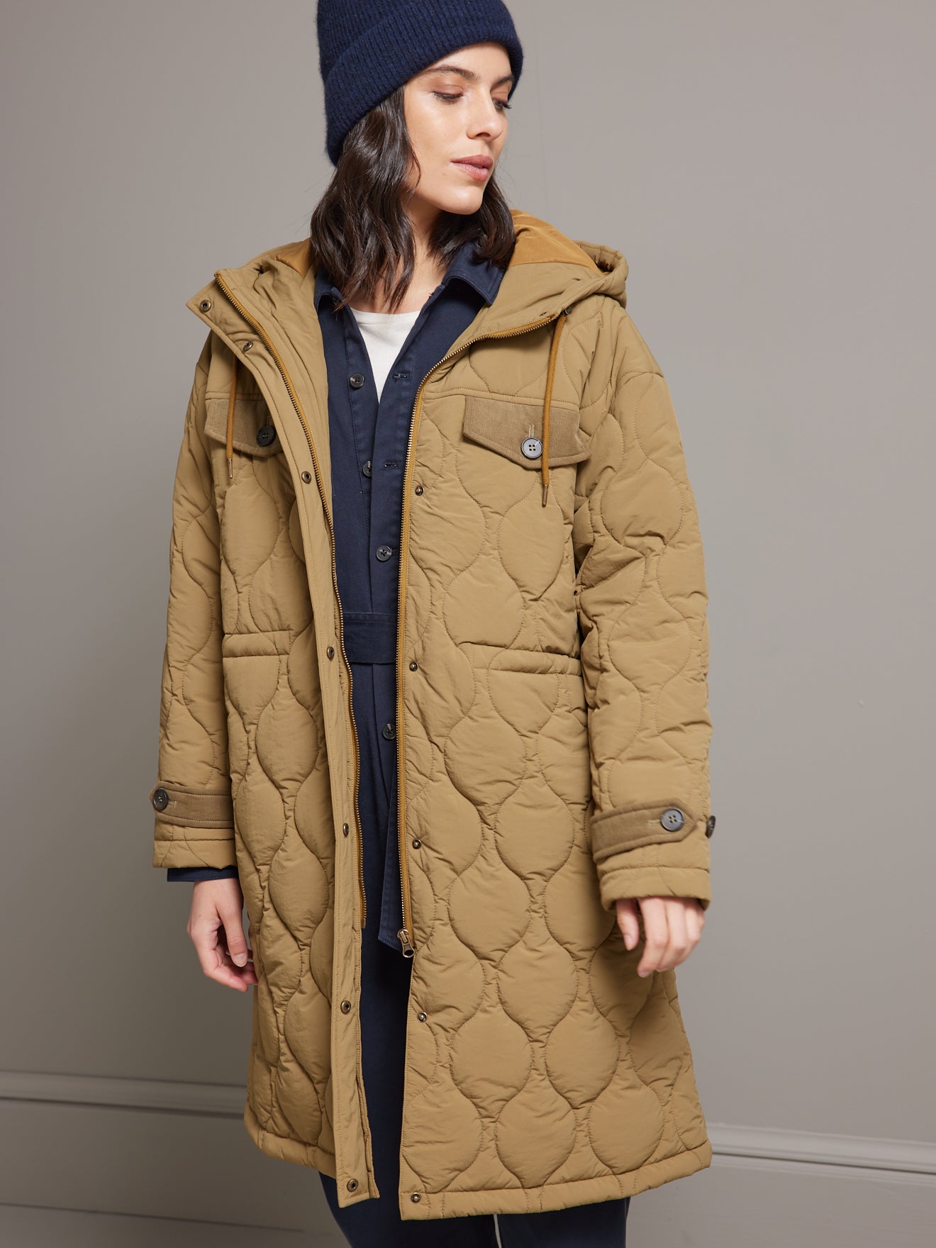 Parka longue matelassée détails velours femme