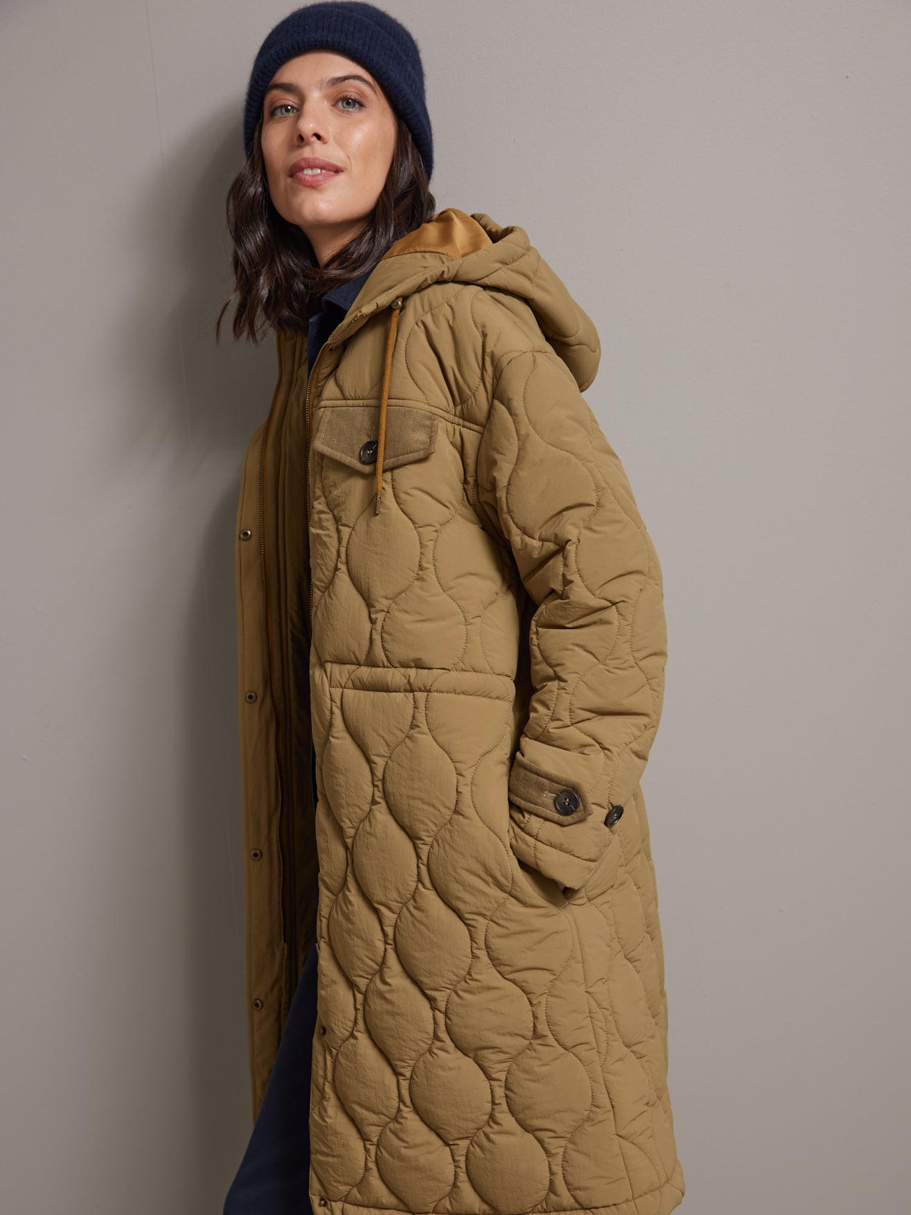 Parka longue matelassée détails velours femme