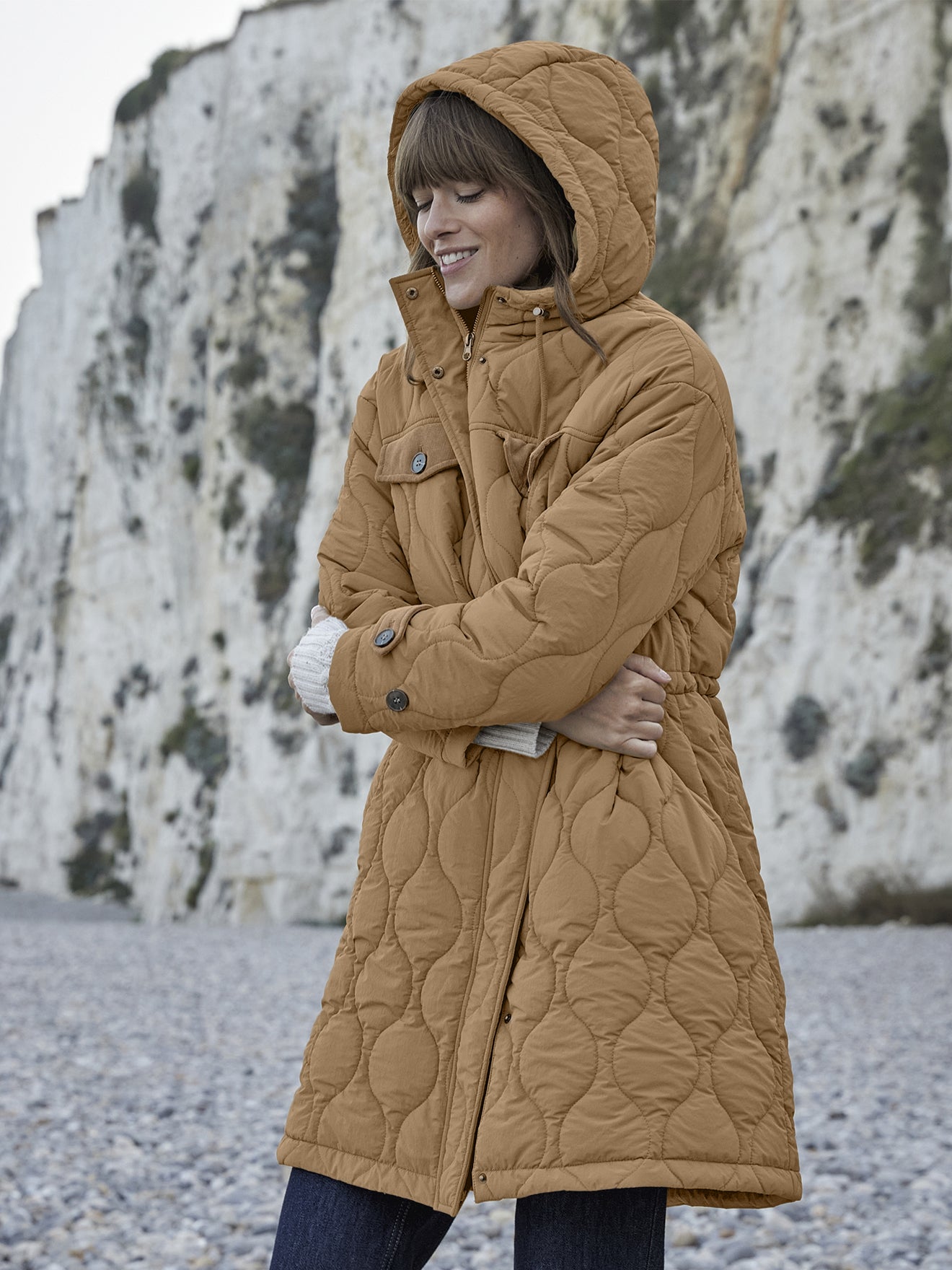 Parka longue matelassée détails velours femme