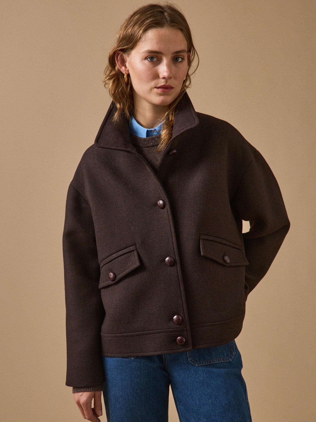Manteau court lainage uni femme