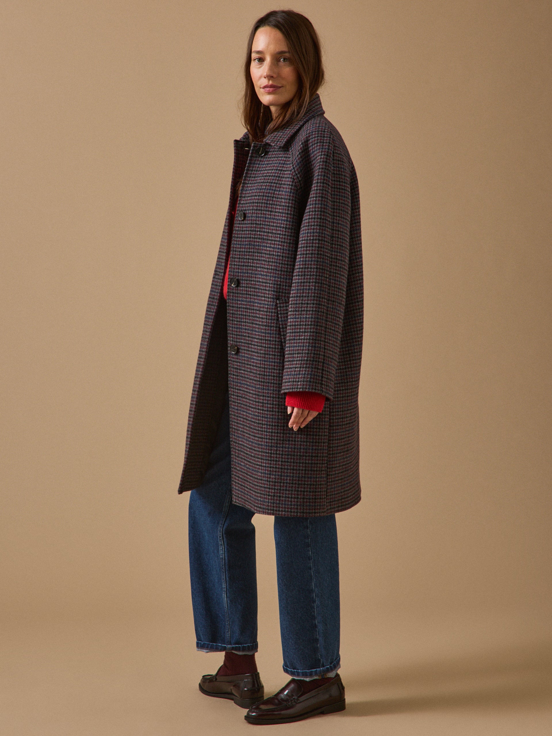 Manteau mi-long lainage pied-de-poule femme
