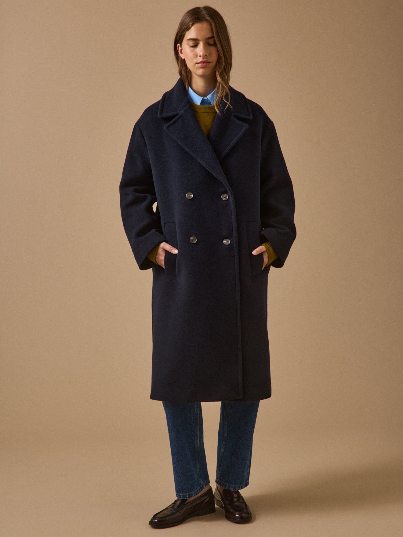 Manteau long lainage uni femme