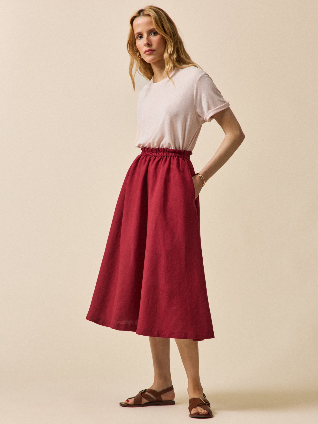 Jupe mi-longue lin et viscose femme