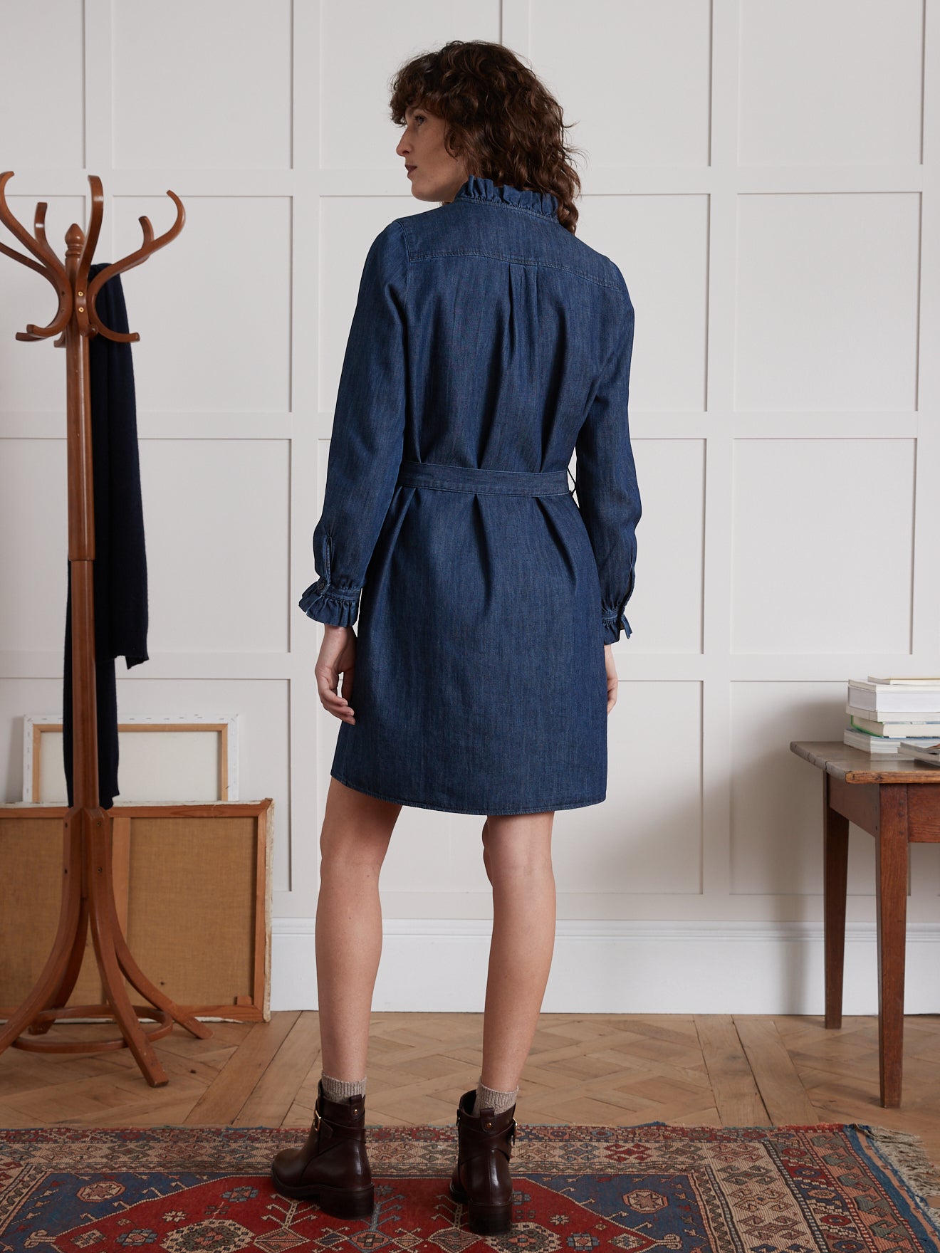 Robe courte col volanté femme en chambray