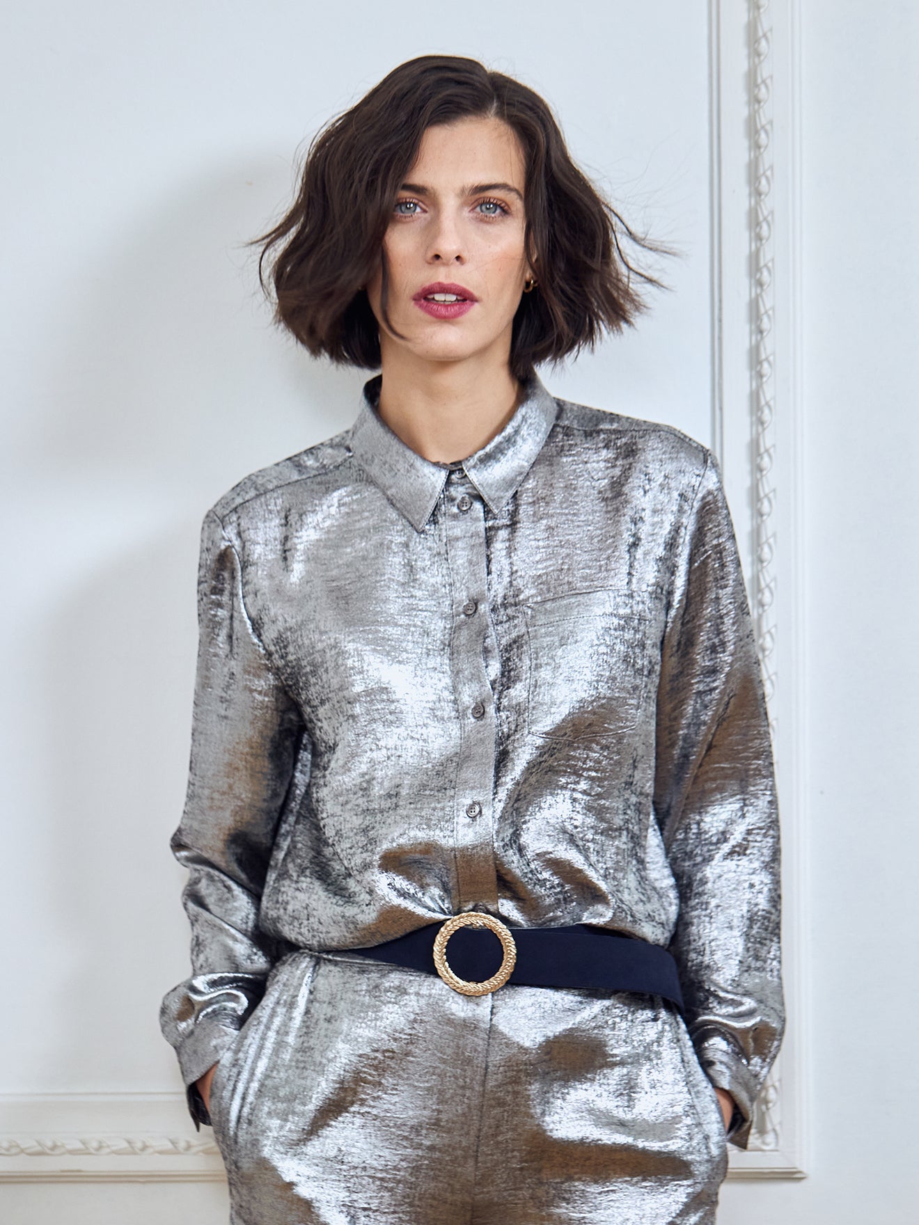 Chemise lamé argent femme