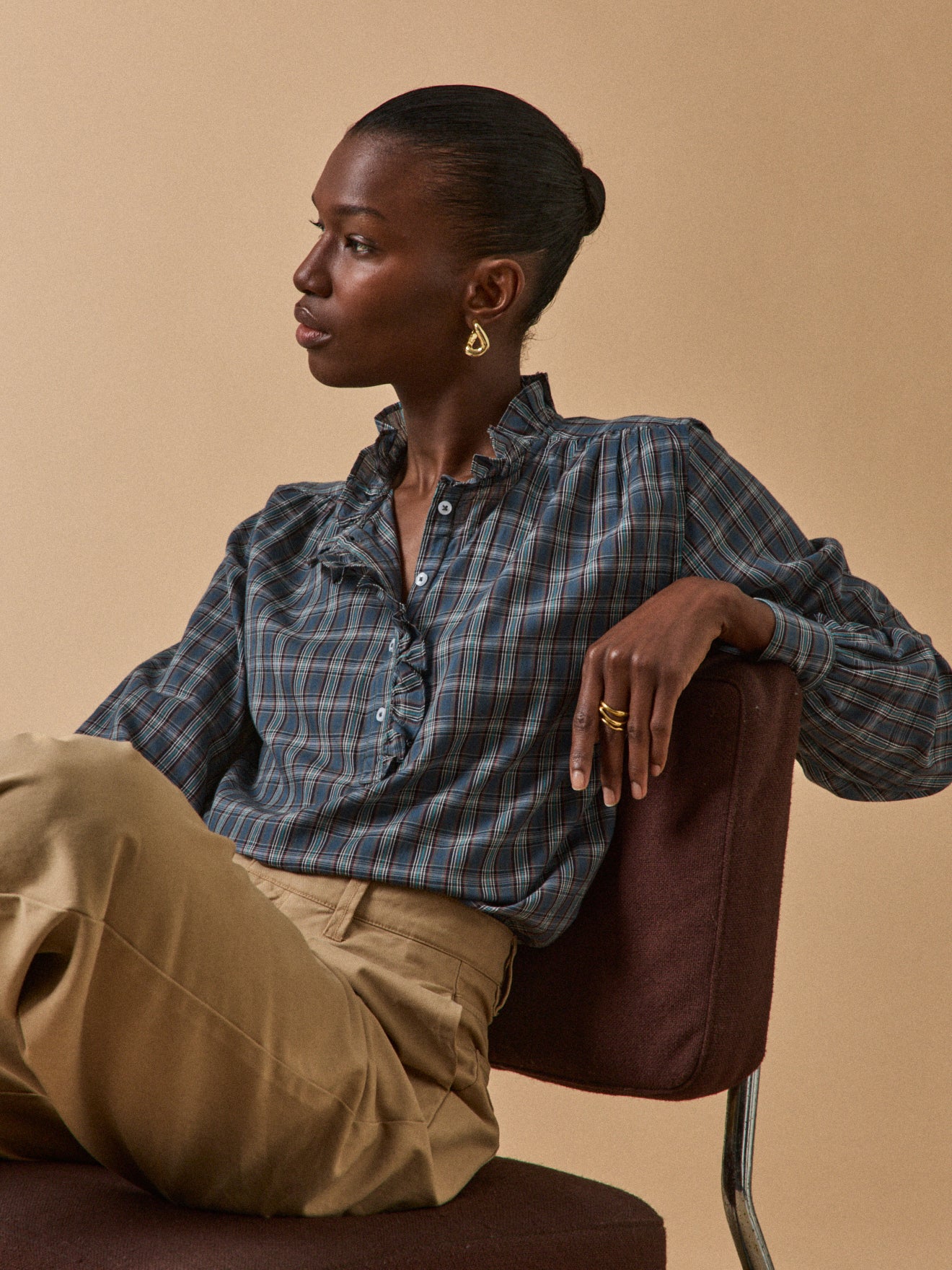 Blouse volantée imprimé écossais femme