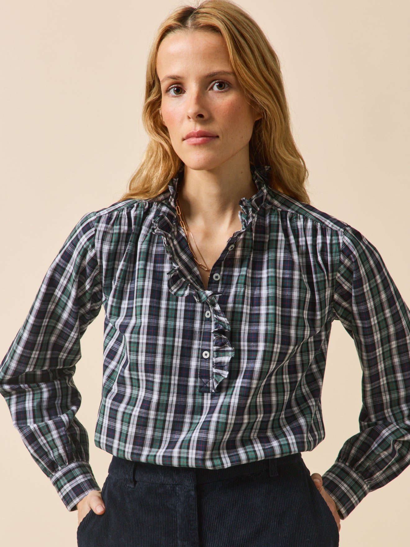 Blouse volantée imprimé écossais femme