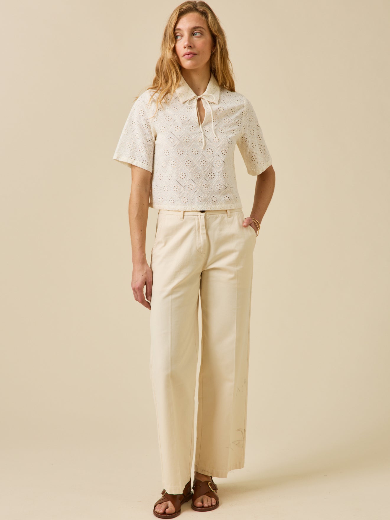Top col polo femme broderie anglaise