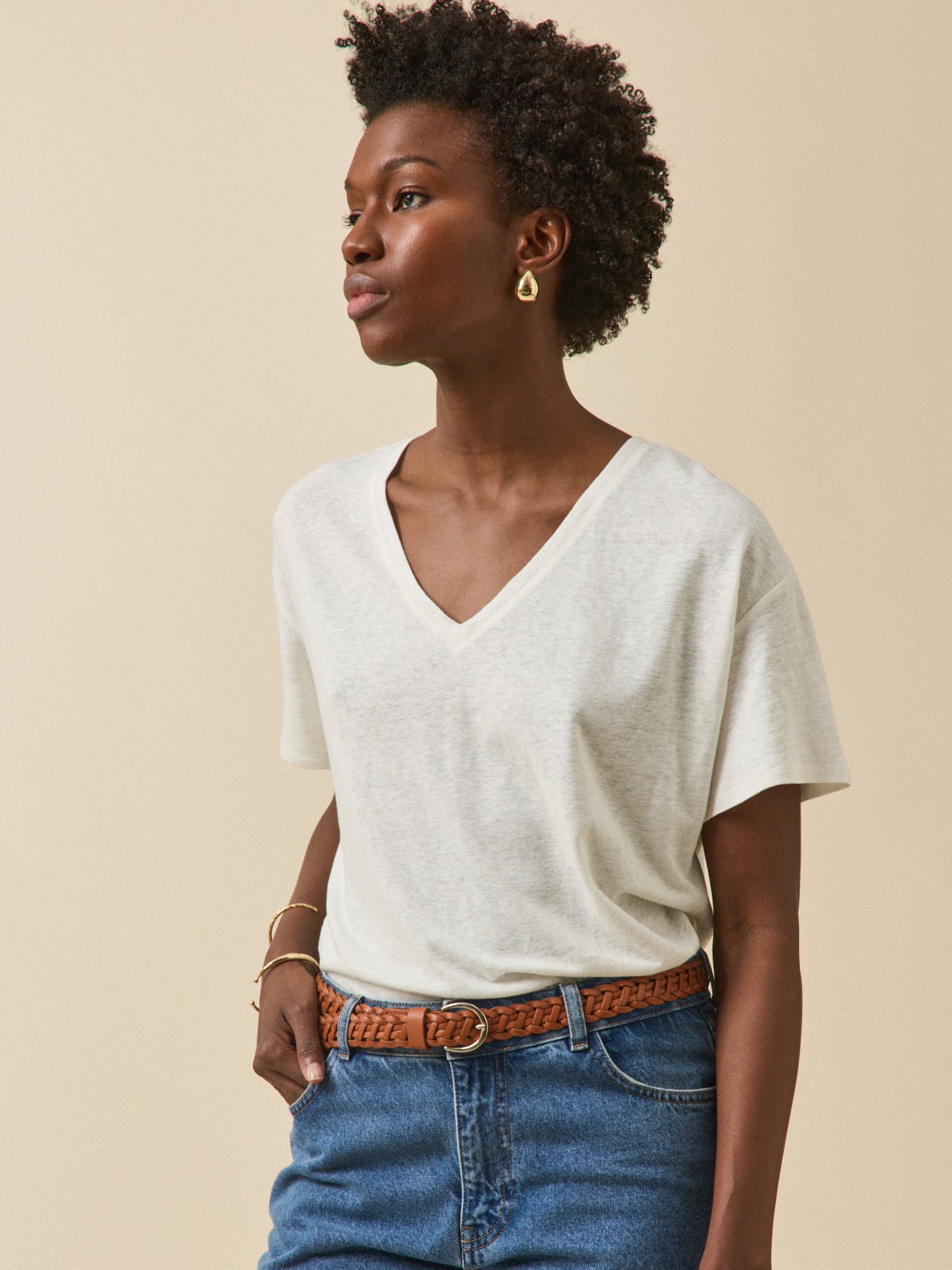 T-shirt col V femme lin et viscose