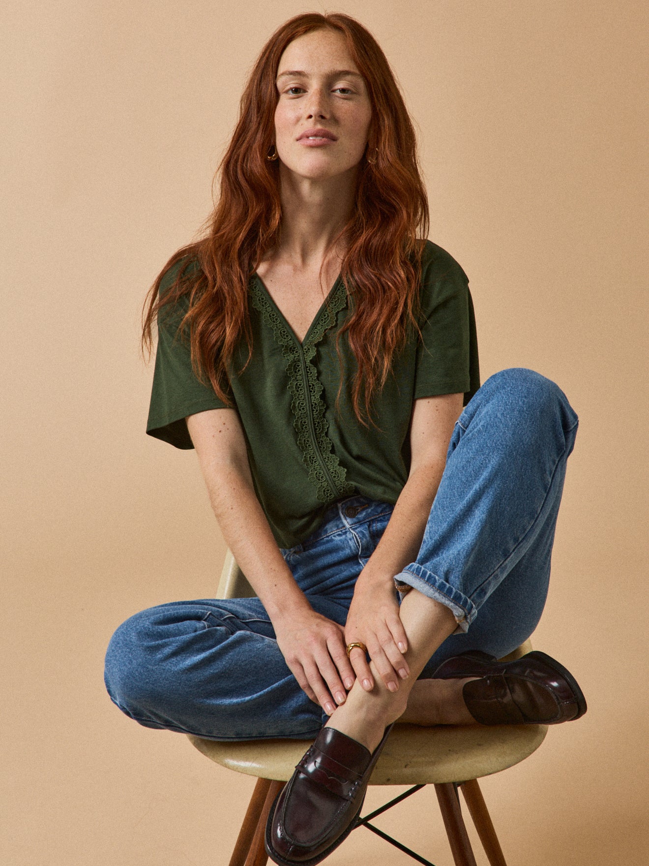 T-shirt col V dentelle femme lyocell et coton