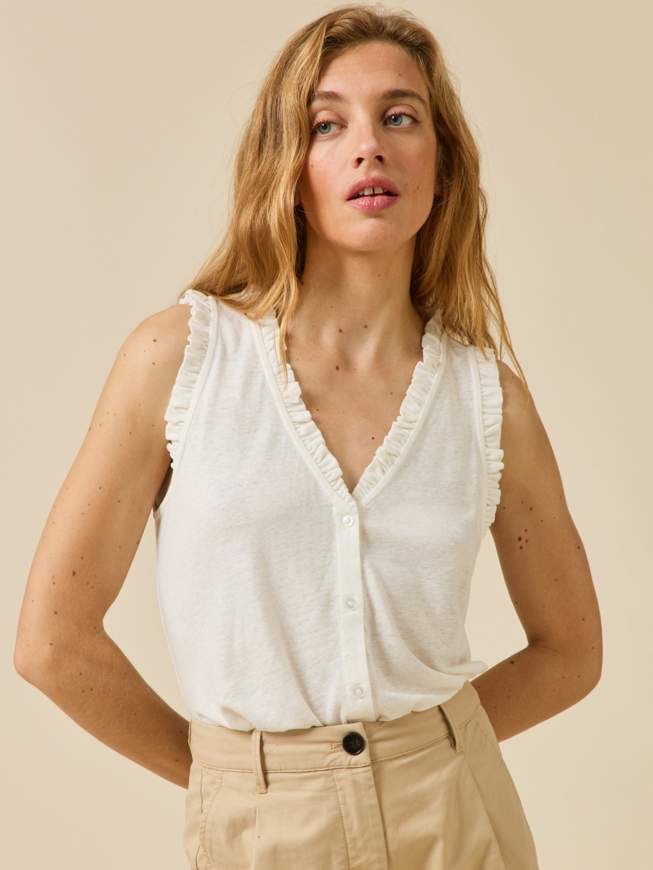 Top sans manches boutonné femme lin et viscose