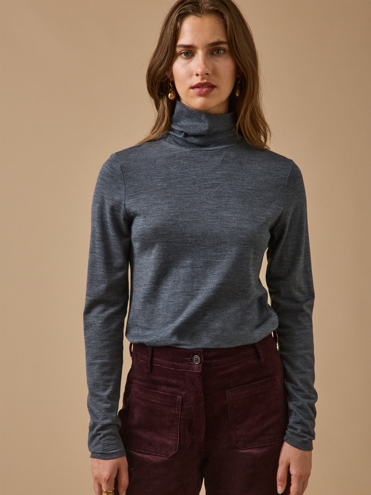 T-shirt col roulé femme jersey de laine