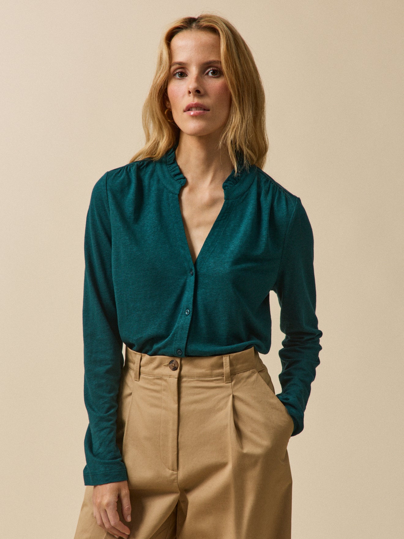 T-shirt boutonné lin et viscose femme