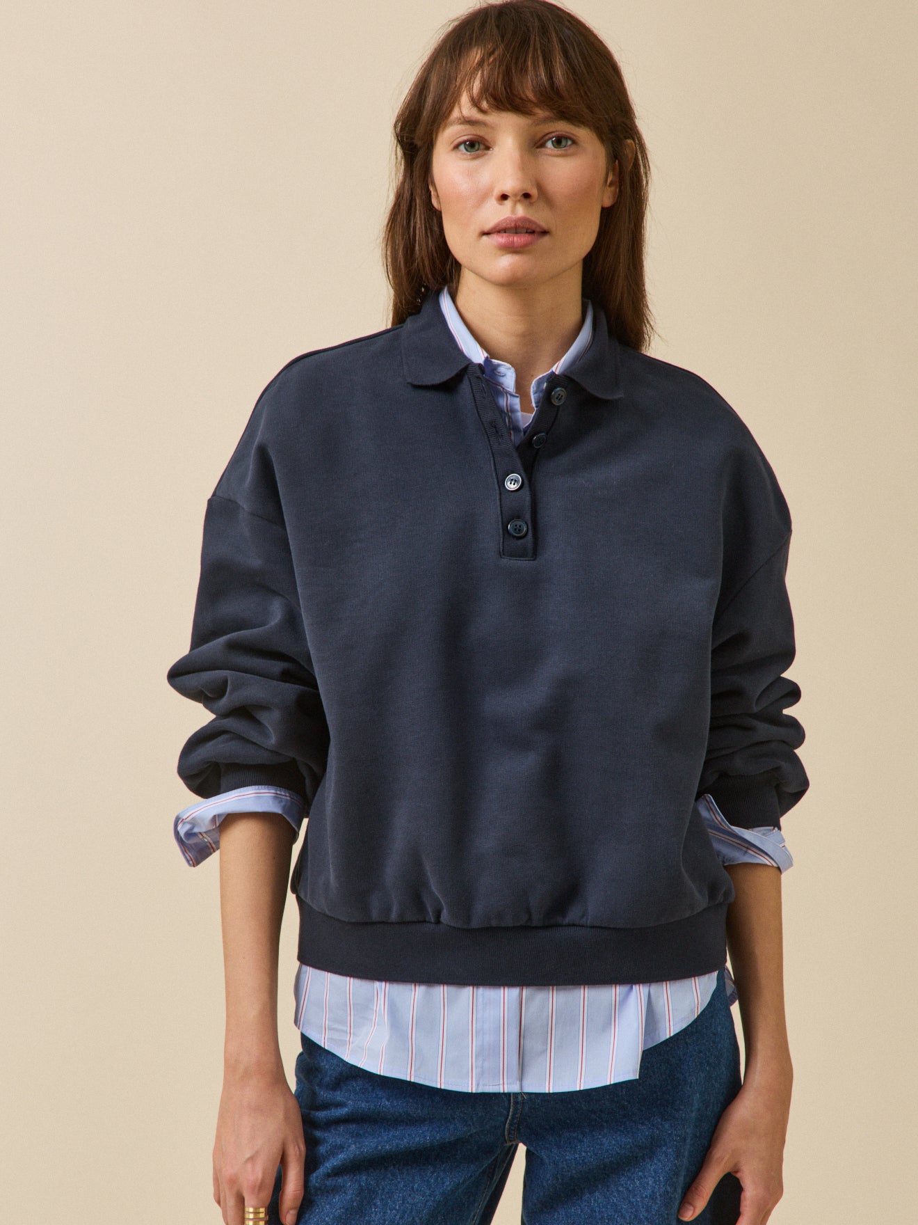 Sweat col polo molleton femme