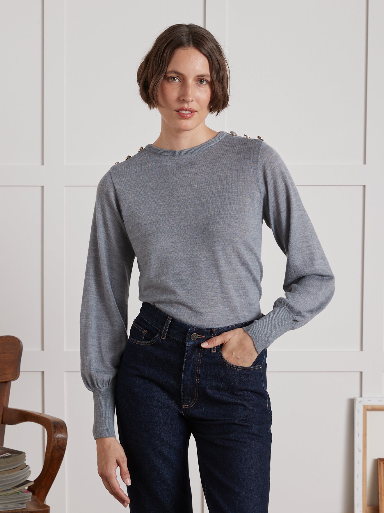 Pull col rond boutonné femme