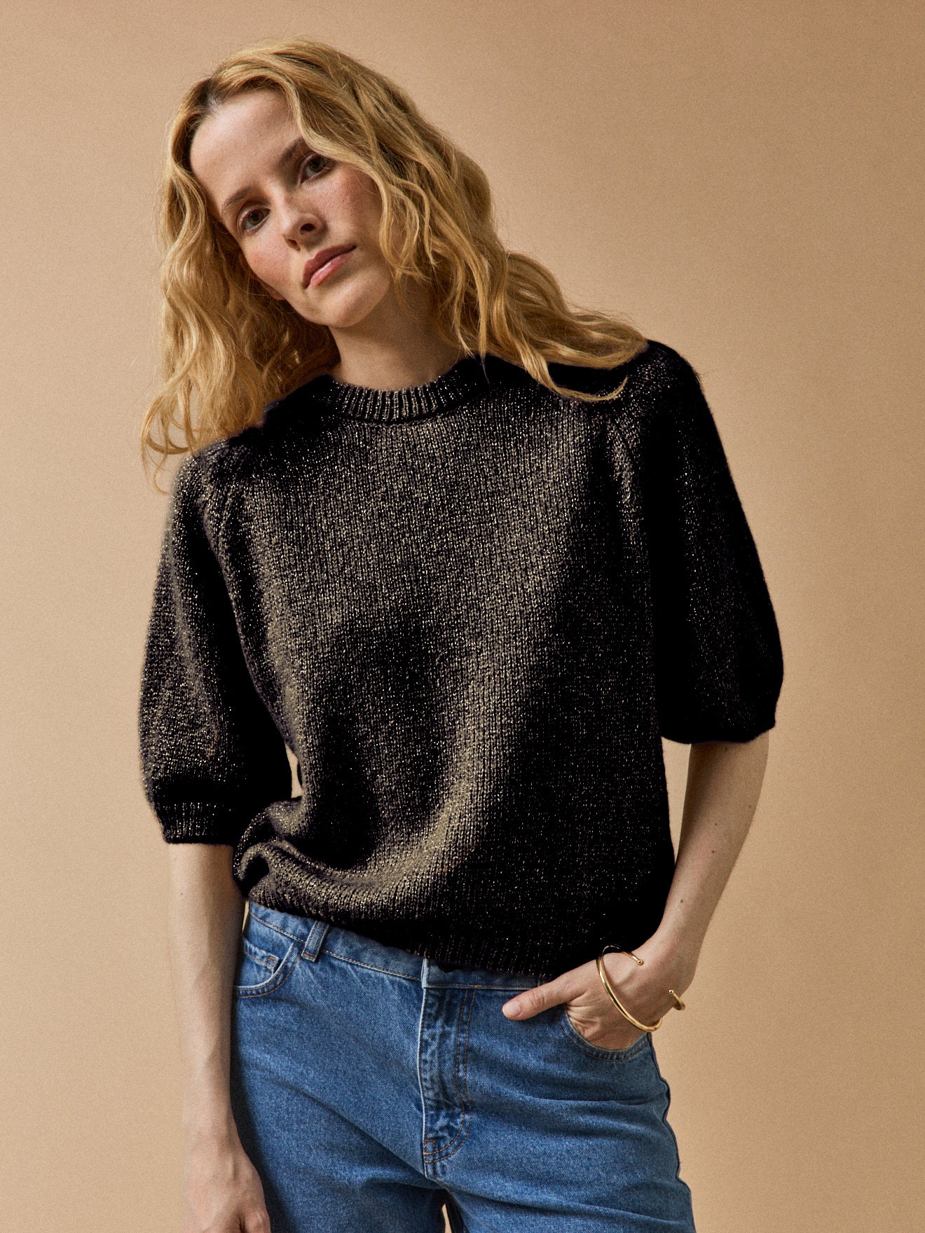 Pull irisé manches courtes femme