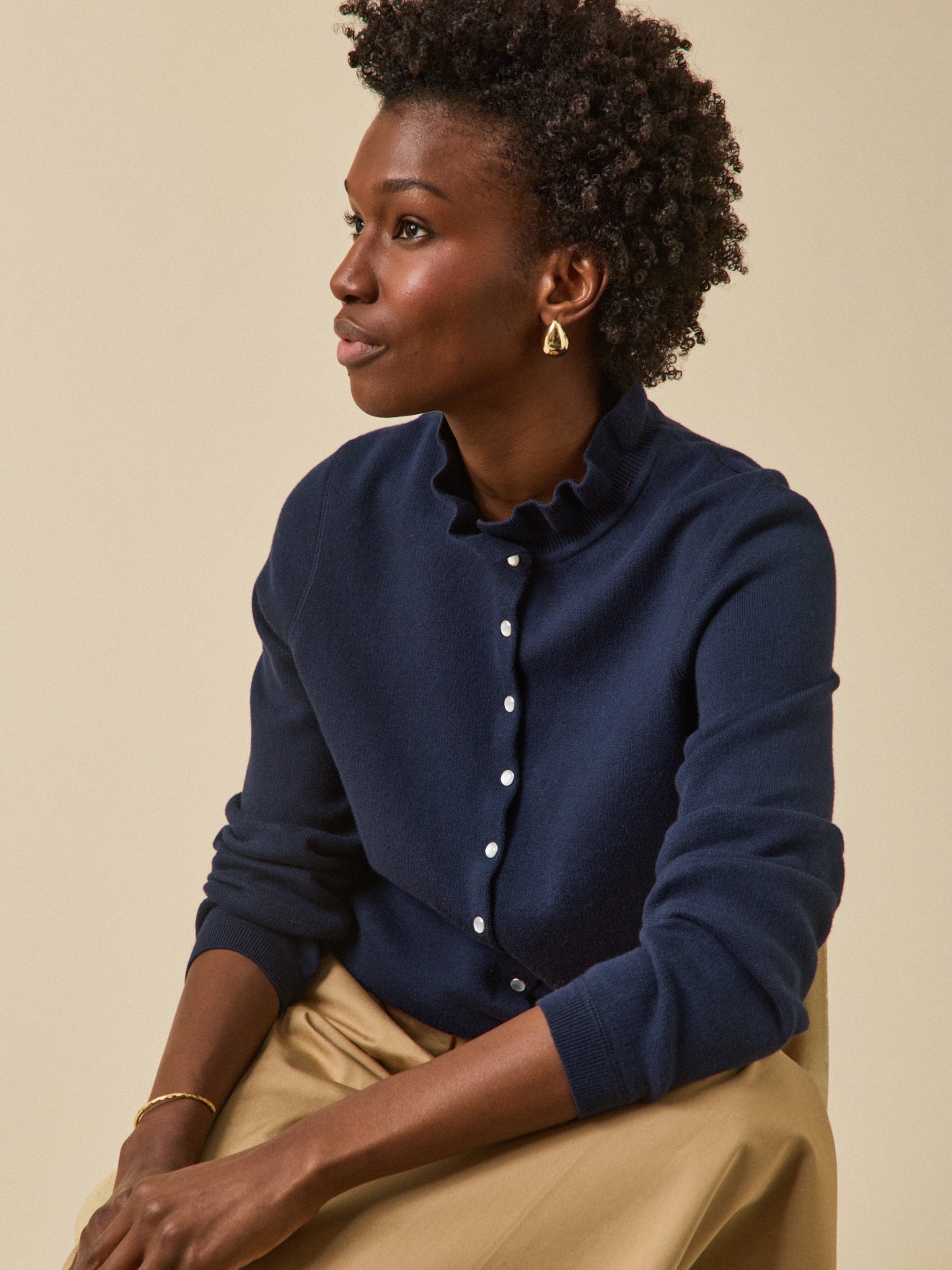 Gilet col volanté femme coton biologique et cachemire