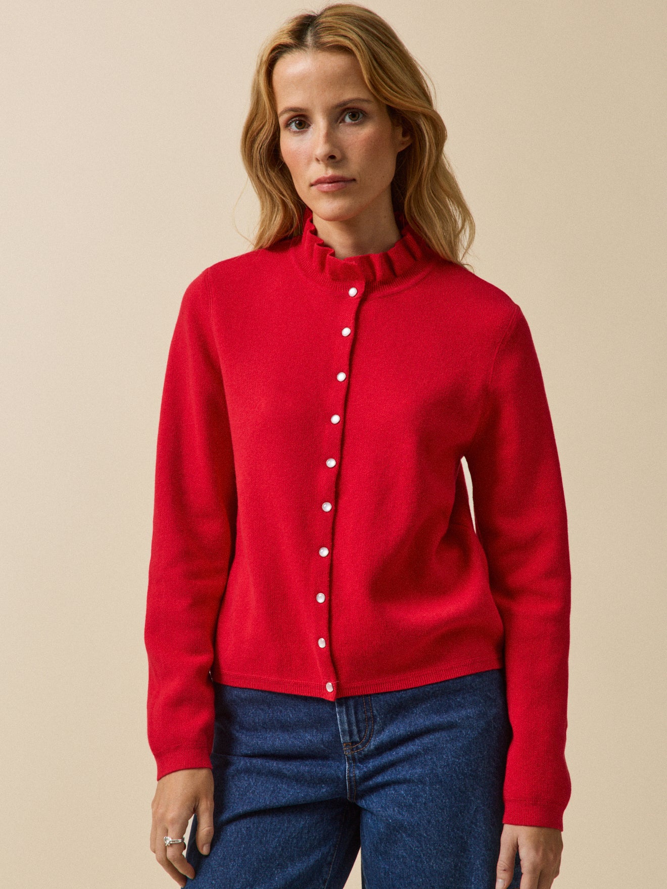 Gilet col volanté femme coton biologique et cachemire