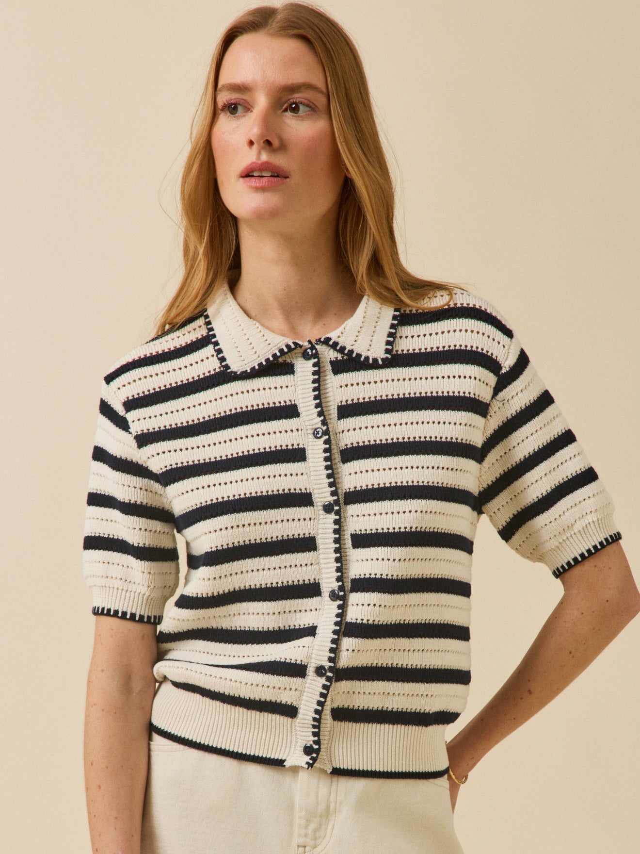 Pull polo boutonné rayé femme coton biologique