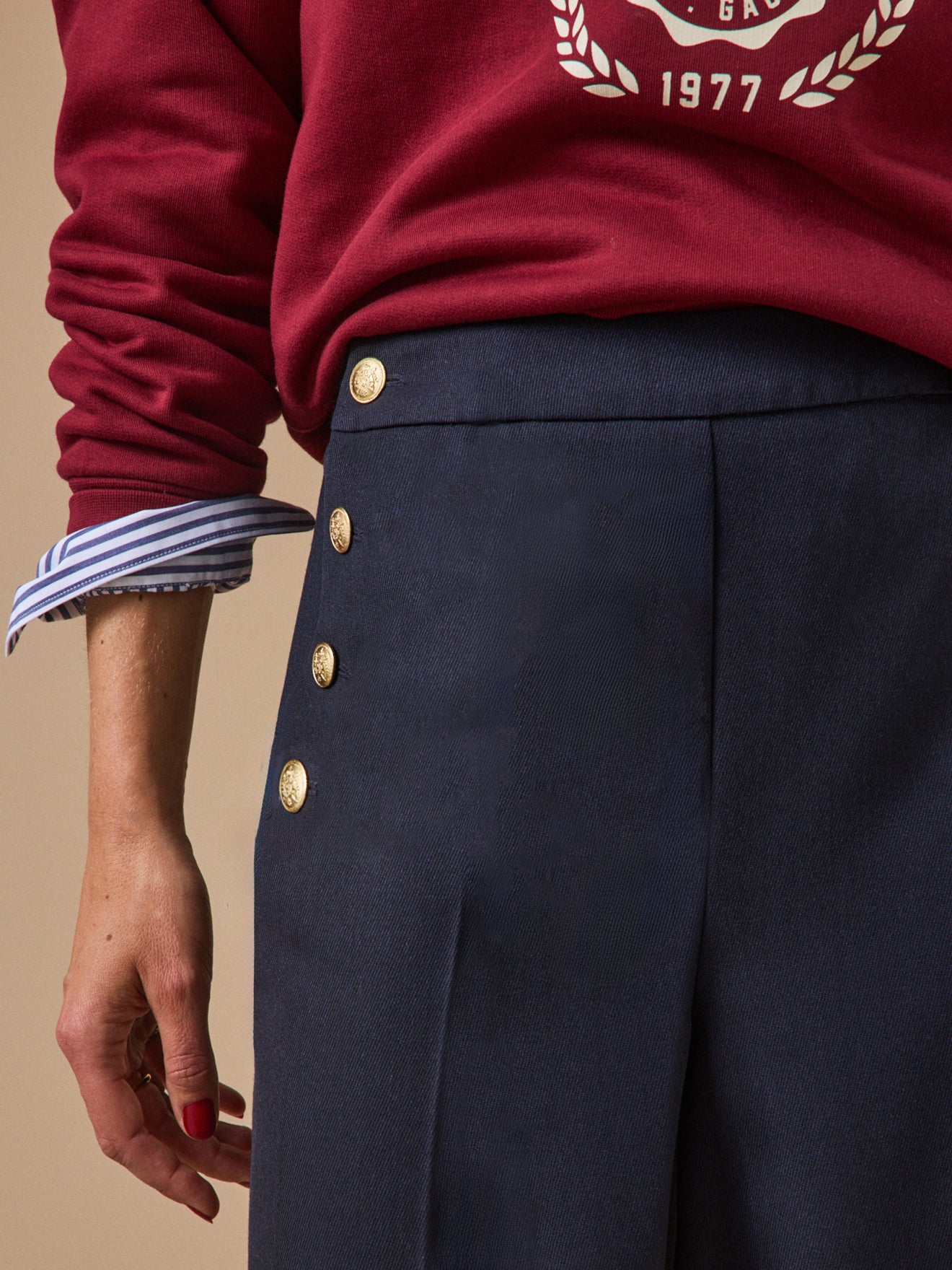 Pantalon large à pont boutons dorés femme Maé