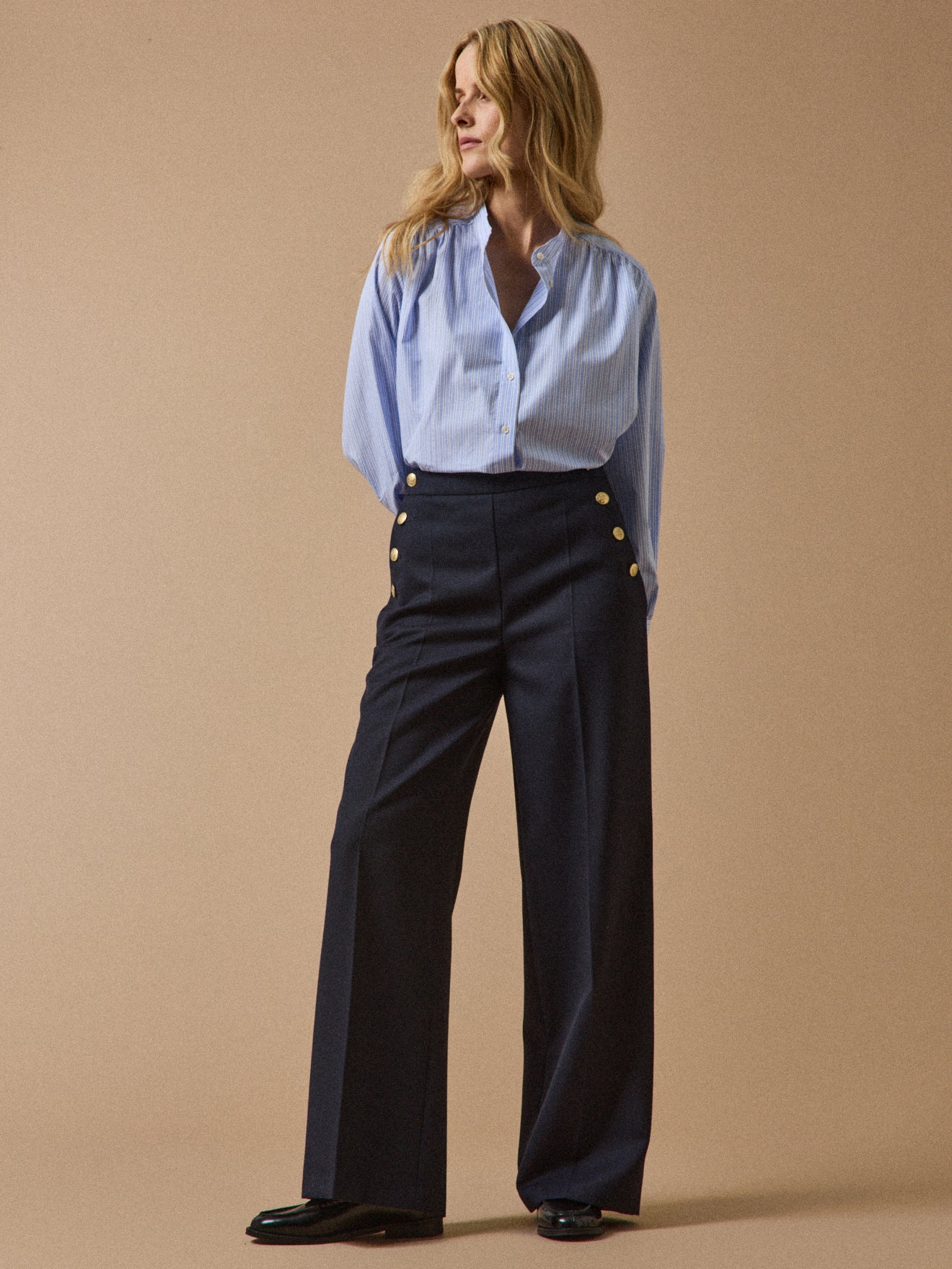 Pantalon large à pont boutons dorés femme Maé