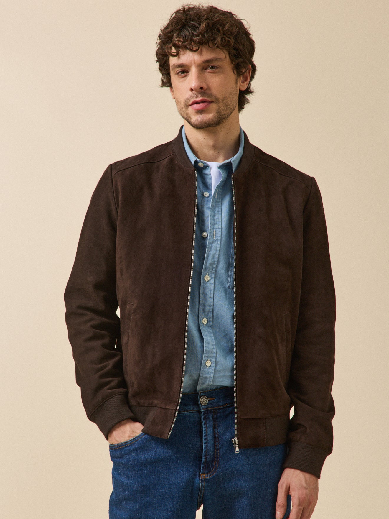 Blouson zippé cuir velours homme