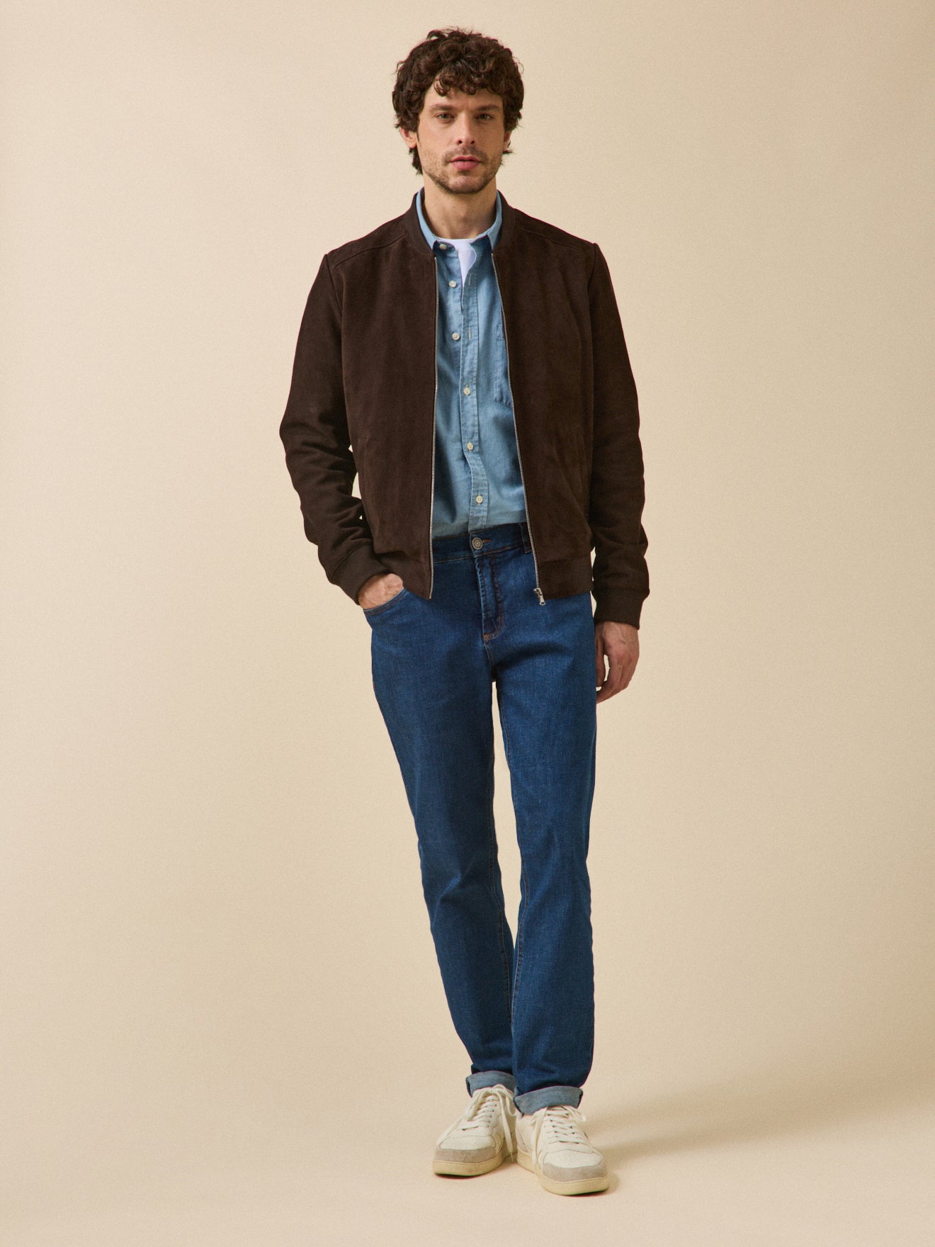 Blouson zippé cuir velours homme