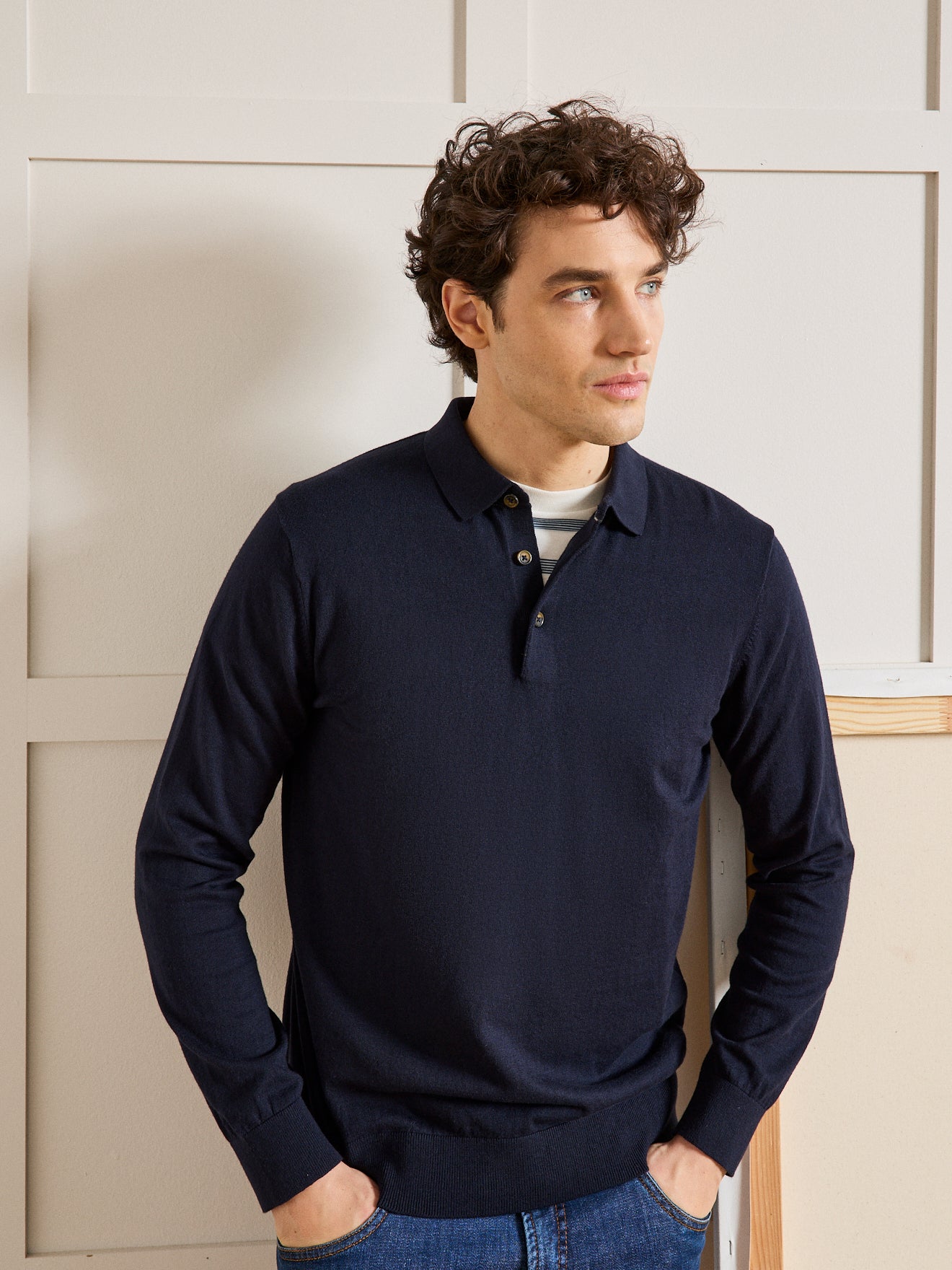 Pull col polo homme coton, soie et cachemire