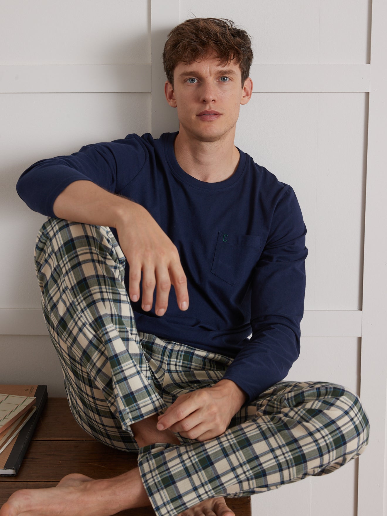 Pyjama bi-matière pantalon carreaux homme