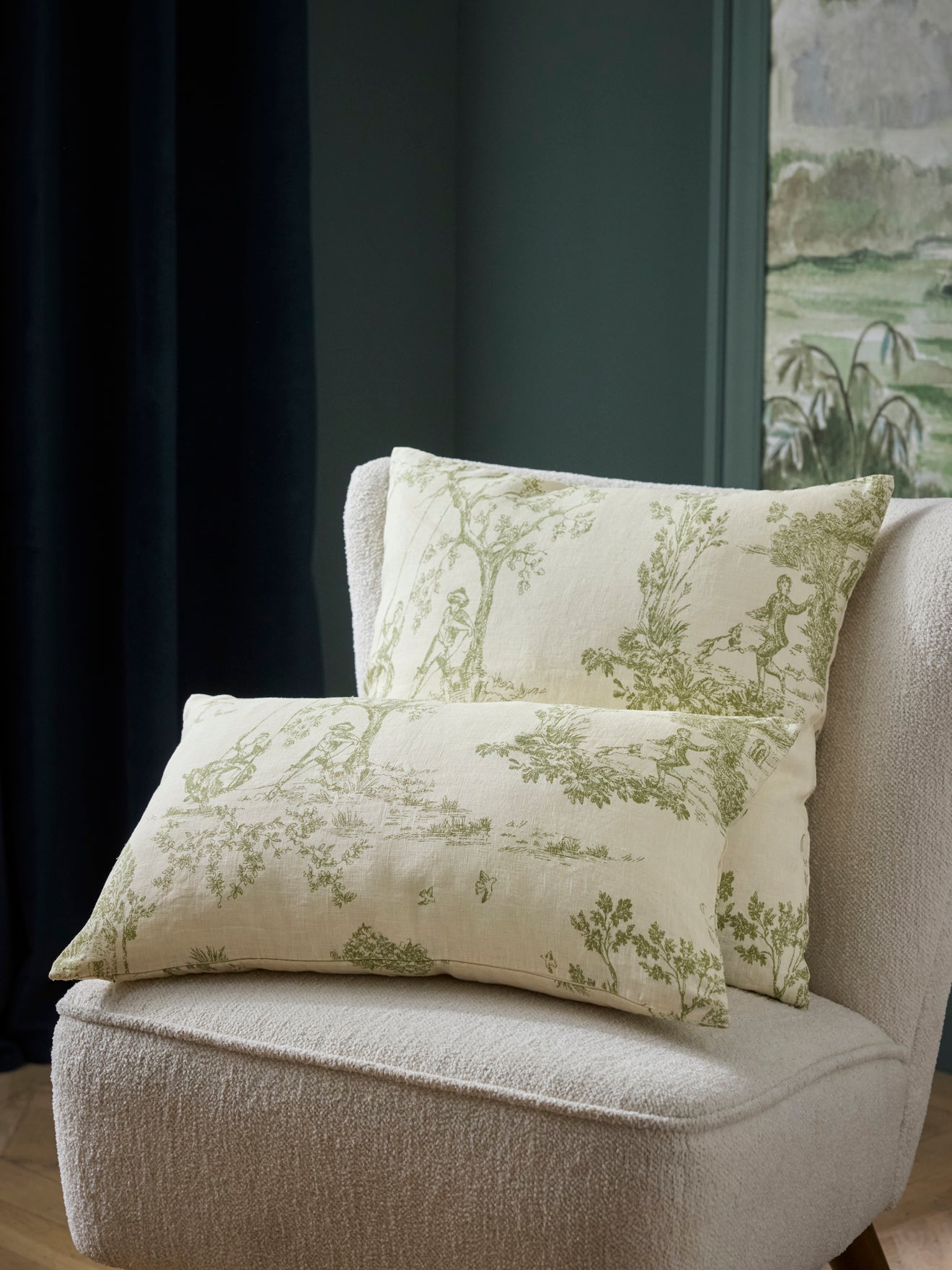 Housse de coussin esprit jouy en coton et lin