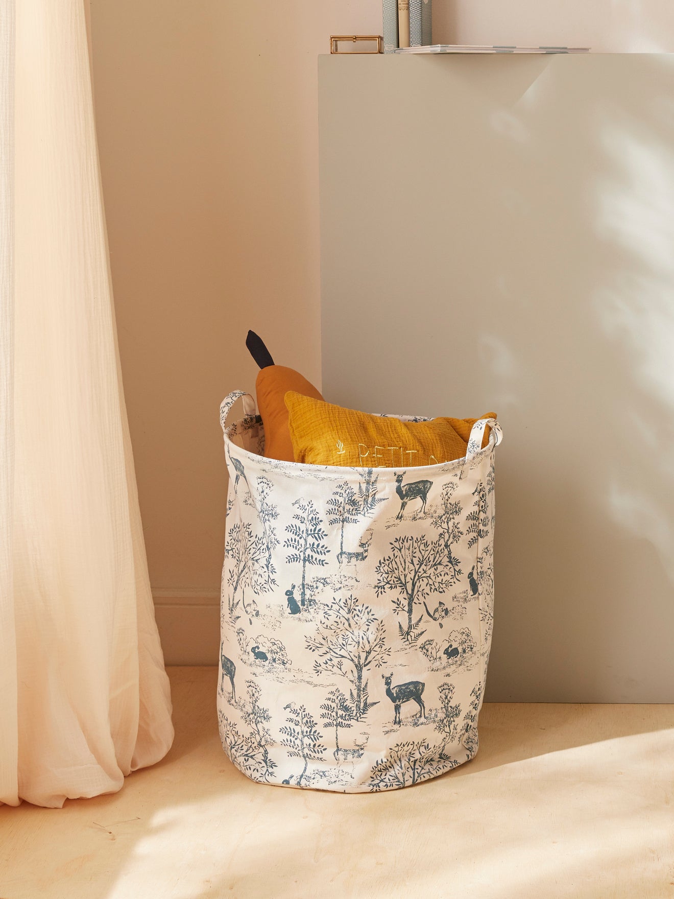 Bac de rangement rond esprit toile de Jouy