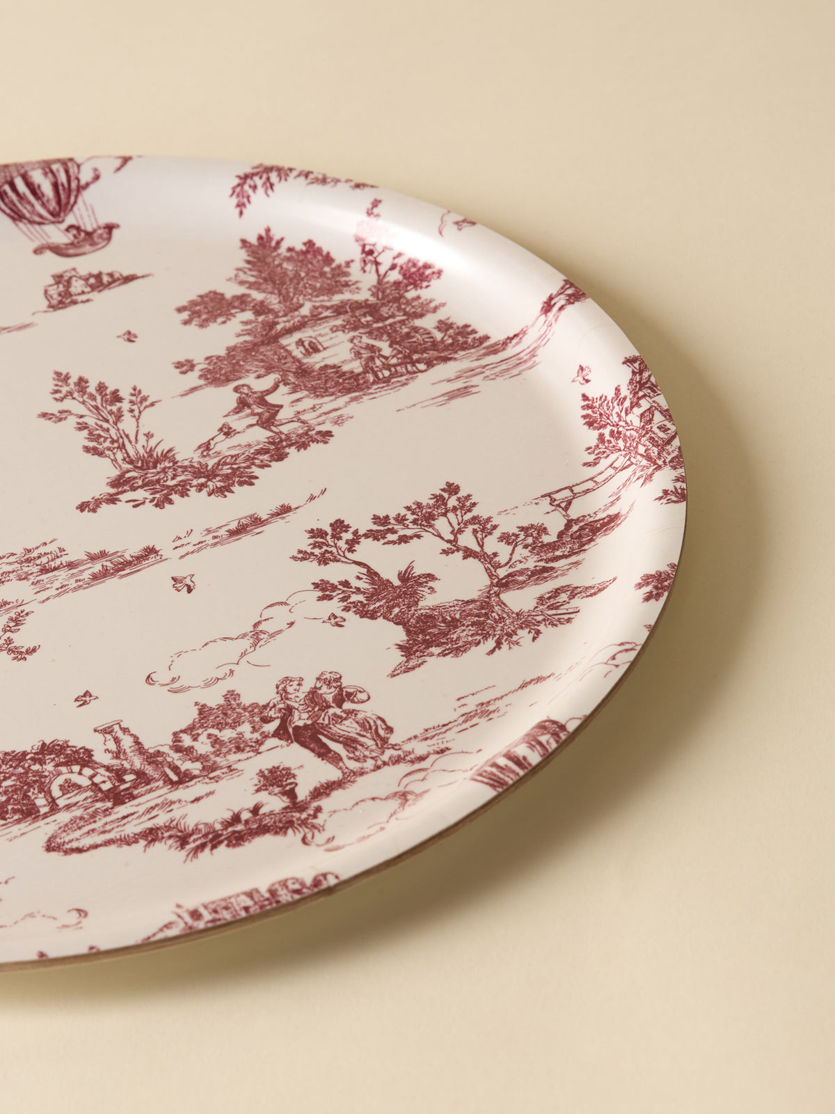 Plateau rond en bois esprit toile de jouy