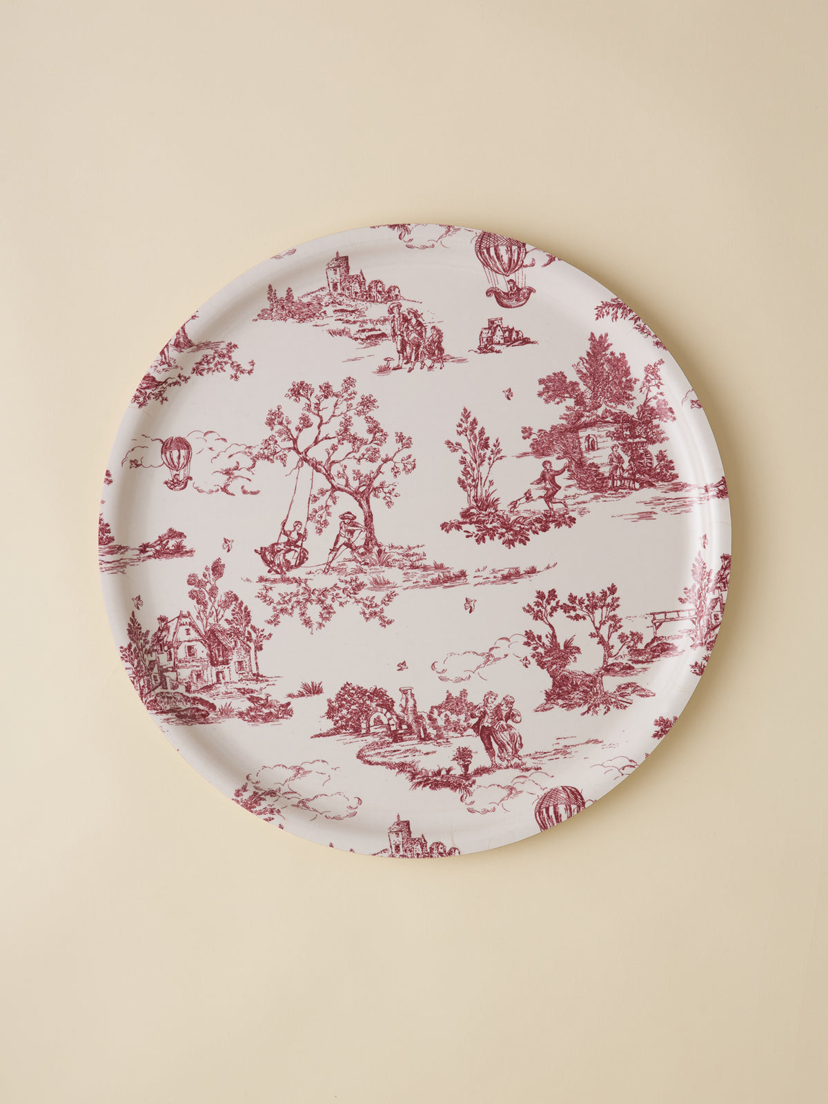 Plateau rond en bois esprit toile de jouy