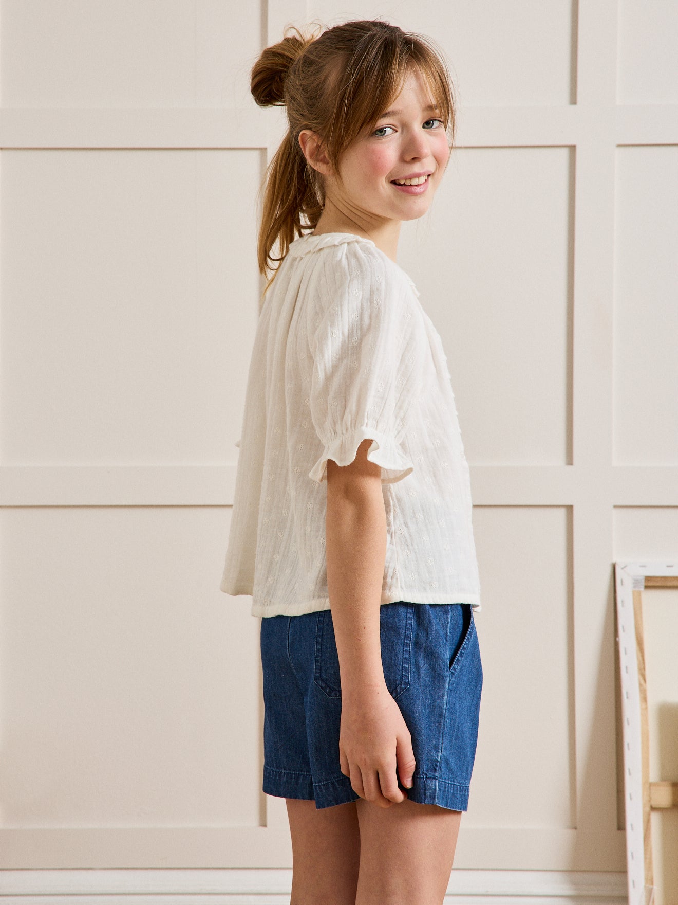 Blouse Fille broderie anglaise en gaze de coton